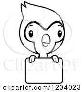 Cartoon Of A Black And White Cute Baby Blue Jay Over A Sign Royalty Free Vector Clipart