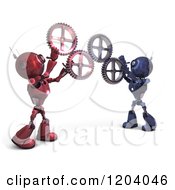 Poster, Art Print Of 3d Red And Blue Android Robots Holding Up Gears