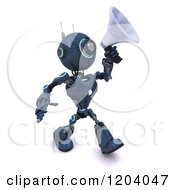 Poster, Art Print Of 3d Blue Android Robot Announcing With A Megaphone
