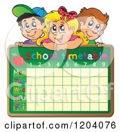 Cartoon Of Happy Children Over A School Time Table Royalty Free Vector Clipart