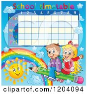 Cartoon Of A School Children Time Table Of Kids Flying On A Pencil Over A Sun And Rainbow Royalty Free Vector Clipart