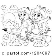 Cartoon Of Black And White Happy School Children Flying On A Pencil Royalty Free Vector Clipart by visekart