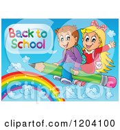 Poster, Art Print Of Happy School Children Saying Back To School And Flying On A Pencil Over A Rainbow
