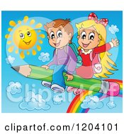 Poster, Art Print Of Happy School Children Flying Over A Rainbow And Sun On A Pencil