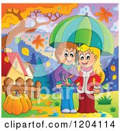 Poster, Art Print Of Happy Children Sheltered From Autumn Rain Under An Umbrella