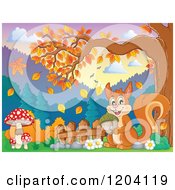 Poster, Art Print Of Happy Squirrel Holding An Acorn Under An Autumn Tree