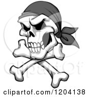 Clipart Of A Broken Grayscale Pirate Skull With A Bandana And Crossed Bones Royalty Free Vector Illustration