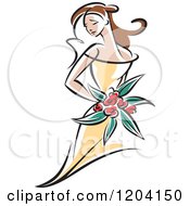 Brunette Bride Or Bridesmaid With Red Flowers And A Yellow Dress