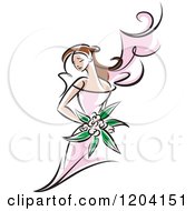 Brunette Bride Or Bridesmaid With A Pink Dress And Flowers