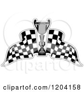 Clipart Of A Grayscale Motor Sports Trophy Cup And Checkered Racing Flags 5 Royalty Free Vector Illustration