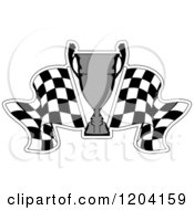 Poster, Art Print Of Grayscale Motor Sports Trophy Cup And Checkered Racing Flags 6