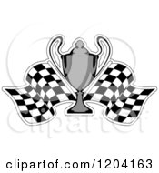 Clipart Of A Grayscale Motor Sports Trophy Cup And Checkered Racing Flags Royalty Free Vector Illustration