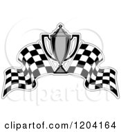 Poster, Art Print Of Grayscale Motor Sports Trophy Cup And Checkered Racing Flags 2