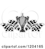 Clipart Of A Grayscale Motor Sports Trophy Cup And Checkered Racing Flags 3 Royalty Free Vector Illustration
