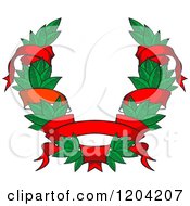 Clipart Of A Green Leaf And Red Ribbon Wreath Coat Of Arms 3 Royalty Free Vector Illustration
