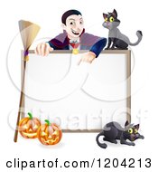 Poster, Art Print Of Vampire Pointing Down At A Halloween Sign With A Broomstick Black Cats And Pumpkins