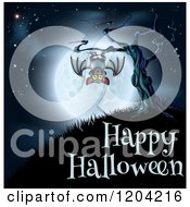 Poster, Art Print Of Vampire Bat Hanging From A Spooky Tree Against A Full Moon Over Happy Halloween Text