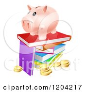Happy Piggy Bank On A Stack Of Books Over Coins