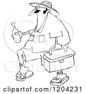 Cartoon Of An Outlined Panama Joe Man Carrying A Cooler And Beer Royalty Free Vector Clipart