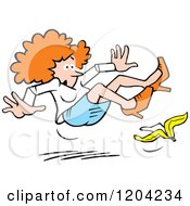 Cartoon Of A Red Haired Woman Slipping On A Banana Peel Royalty Free Vector Clipart