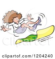 Cartoon Of A Brunette Woman Slipping On A Carpet Royalty Free Vector Clipart by Johnny Sajem
