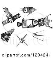 Poster, Art Print Of Spaceships And Satellites Black And White Woodcut