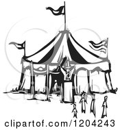 Clipart Of A Ringmaster People And Circus Tent Black And White Woodcut Royalty Free Vector Illustration by xunantunich #COLLC1204243-0119