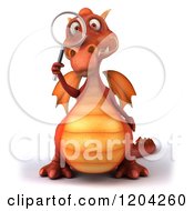 Clipart Of A 3d Red Dragon Using A Magnifying Glass Royalty Free CGI Illustration