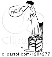 Clipart Of A Vintage Black And White Woman Standing On A Chair And Calling For Help Royalty Free Vector Illustration