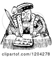 Clipart Of Vintage Black And White Henry VIII Writing Royalty Free Vector Illustration