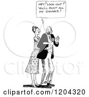 Clipart Of A Vintage Black And White Affectionate Wife And Annoyed Husband Royalty Free Vector Illustration
