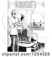 Cartoon Of A Vintage Black And White Barber Discussing Gray Hairs Royalty Free Vector Clipart
