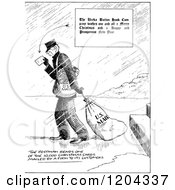Cartoon Of A Vintage Black And White Postman Dragging A Mail Bag Royalty Free Vector Clipart