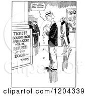 Cartoon Of A Vintage Black And White Man Having To Purchase Ligitimate Tickets Royalty Free Vector Clipart