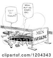 Cartoon Of A Vintage Black And White Man Hole And Men Working Sign Royalty Free Vector Clipart
