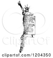 Cartoon Of A Vintage Black And White Statue Of Liberty With American Ideals Royalty Free Vector Clipart