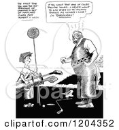 Cartoon Of A Vintage Black And White Man Giving A Boy Golf Clubs Royalty Free Vector Clipart