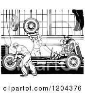 Clipart Of A Vintage Black And White Automobile Assembly Line Royalty Free Vector Illustration
