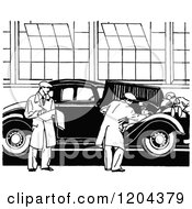 Clipart Of A Vintage Black And White Automobile Assembly Line Royalty Free Vector Illustration