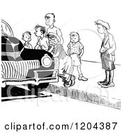 Clipart Of A Vintage Black And White Parked Car And Bored Boys Royalty Free Vector Illustration