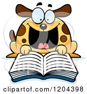 Cartoon Of An Excited Dog Reading A Book Royalty Free Vector Clipart