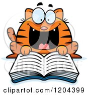Cartoon Of An Excited Tabby Cat Reading A Book Royalty Free Vector Clipart