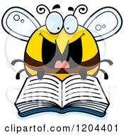 Cartoon Of An Excited Bee Reading A Book Royalty Free Vector Clipart