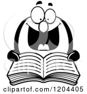 Cartoon Of A Black And White Excited Penguin Reading A Book Royalty Free Vector Clipart
