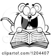 Cartoon Of A Black And White Excited Mouse Reading A Book Royalty Free Vector Clipart