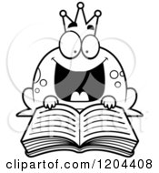 Cartoon Of A Black And White Excited Frog Prince Reading A Fairy Tale Book Royalty Free Vector Clipart