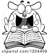 Cartoon Of A Black And White Excited Dog Reading A Book Royalty Free Vector Clipart