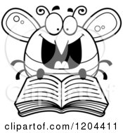 Cartoon Of A Black And White Excited Bee Reading A Book Royalty Free Vector Clipart