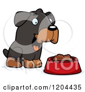 Cute Rottweiler Puppy Dog With A Food Bowl