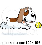 Poster, Art Print Of Cute Hound Dog Chasing A Tennis Ball